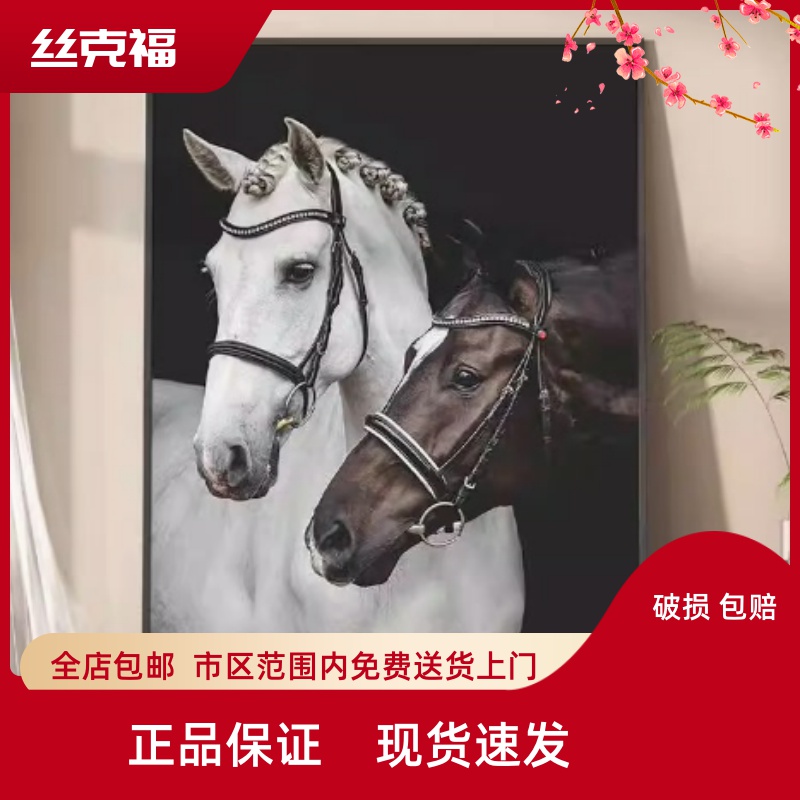 现代轻奢黑白骏马客厅沙发背景墙装饰画抽象艺术玄关走廊竖版挂画图片