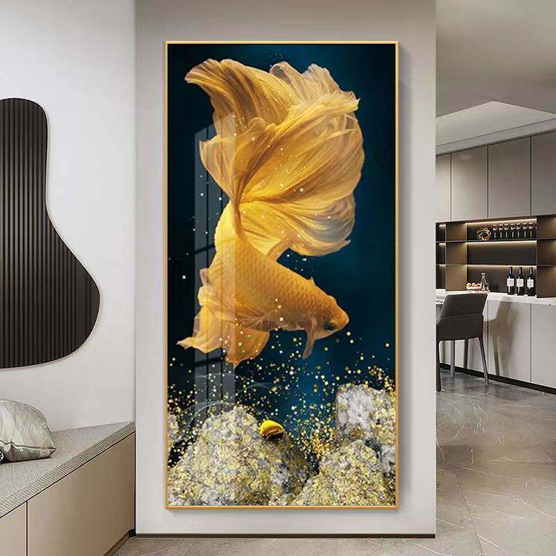 入户进门玄关装饰画5D立体金鱼招财鲤鱼客厅走廊壁画镶钻双鱼挂画