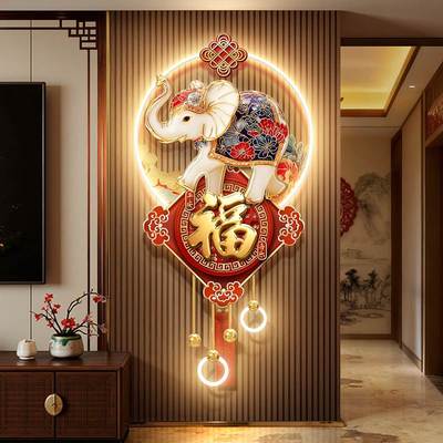 福字中国结客厅电视格栅装饰挂件新中式珐琅彩大象玄关立体壁画灯