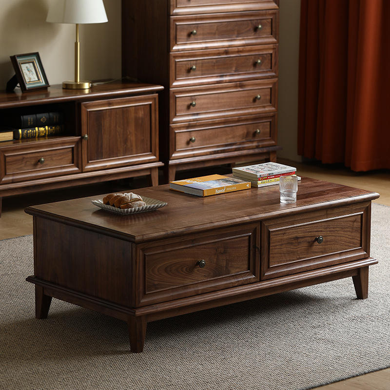 美式全实木茶几电视柜组合客厅家用黑胡桃木复古简约茶桌储物家具