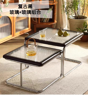 批发极简中古茶几小户型客厅家具藤编边几日式不锈钢玻璃方矮桌子