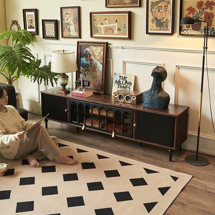 法式复古实木电视柜小户型客厅收纳储物柜一体黑色美式轻奢中古风