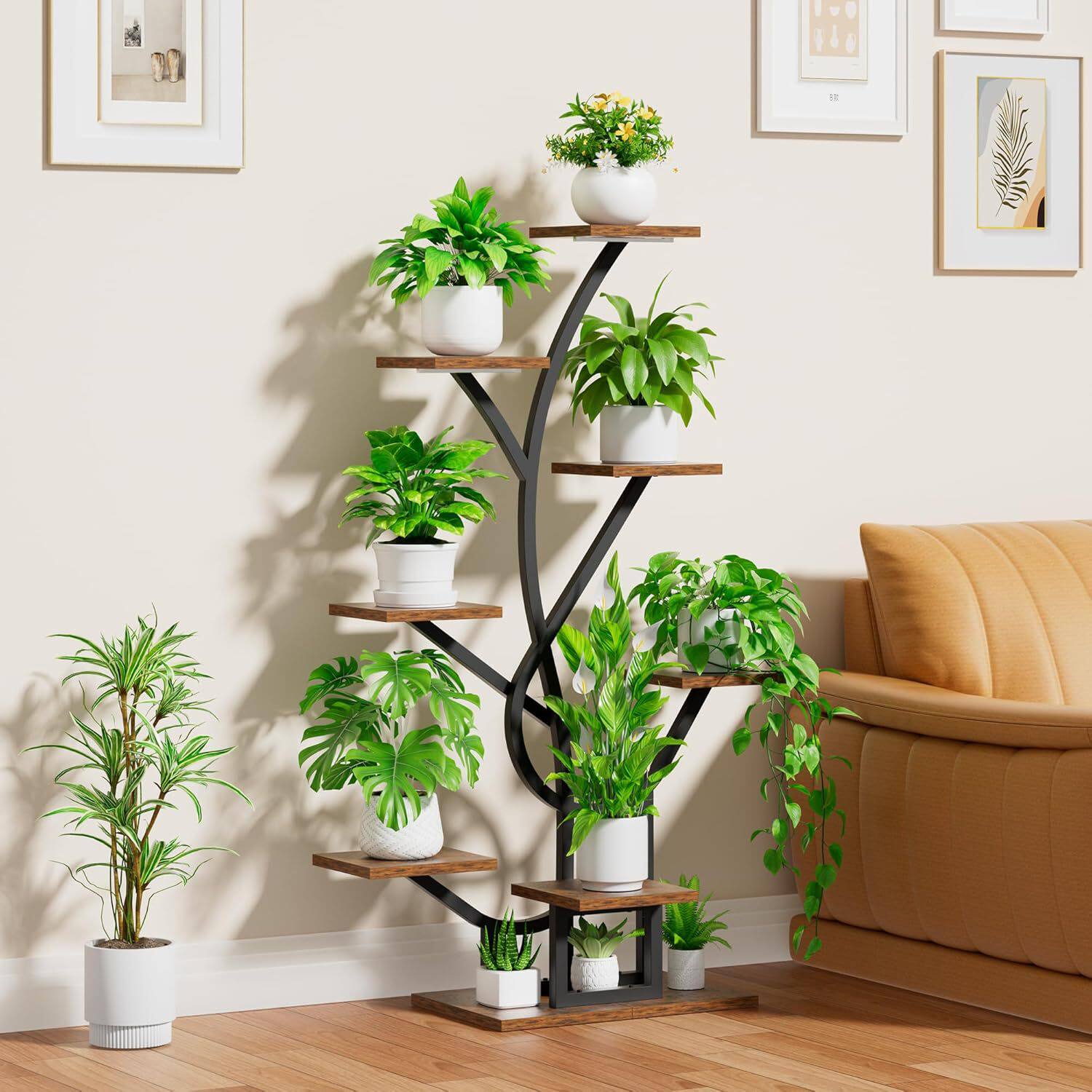 批发跨境热销带植物灯花架客厅阳台铁艺花盆架 落地式铁艺花架子