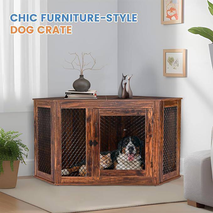 跨境厂家直销简约时尚三角形木制靠墙狗笼复古床头狗窝猫别墅笼子
