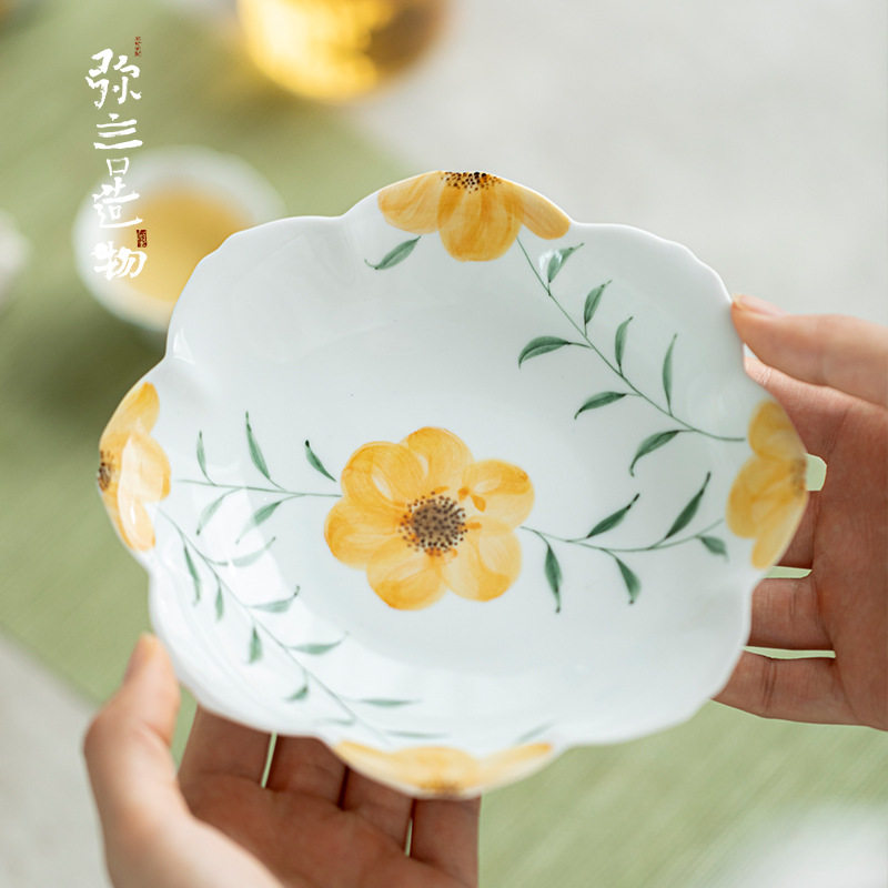 弥言手绘壶承家用陶瓷花口干泡盘日式小型茶台茶道配件茶点盘高档