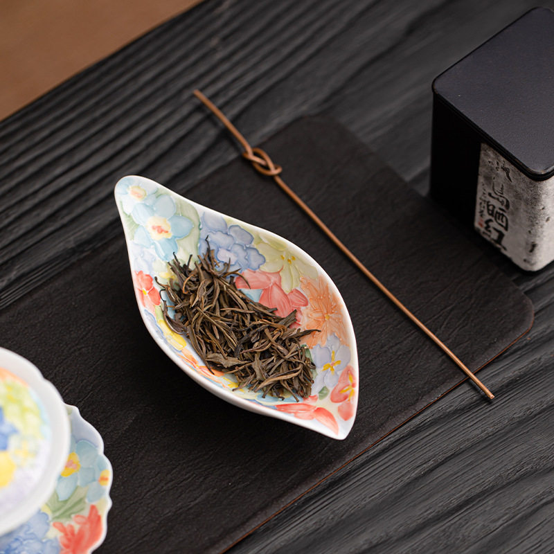 手拉万花手绘茶则茶匙茶配件手工陶瓷茶则柴田烧家用