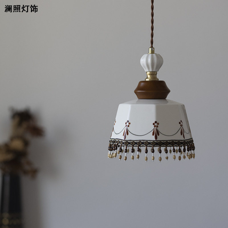 手绘陶瓷吊灯中古风复古法式卧室床头玄关吧台过道餐厅创意流苏灯
