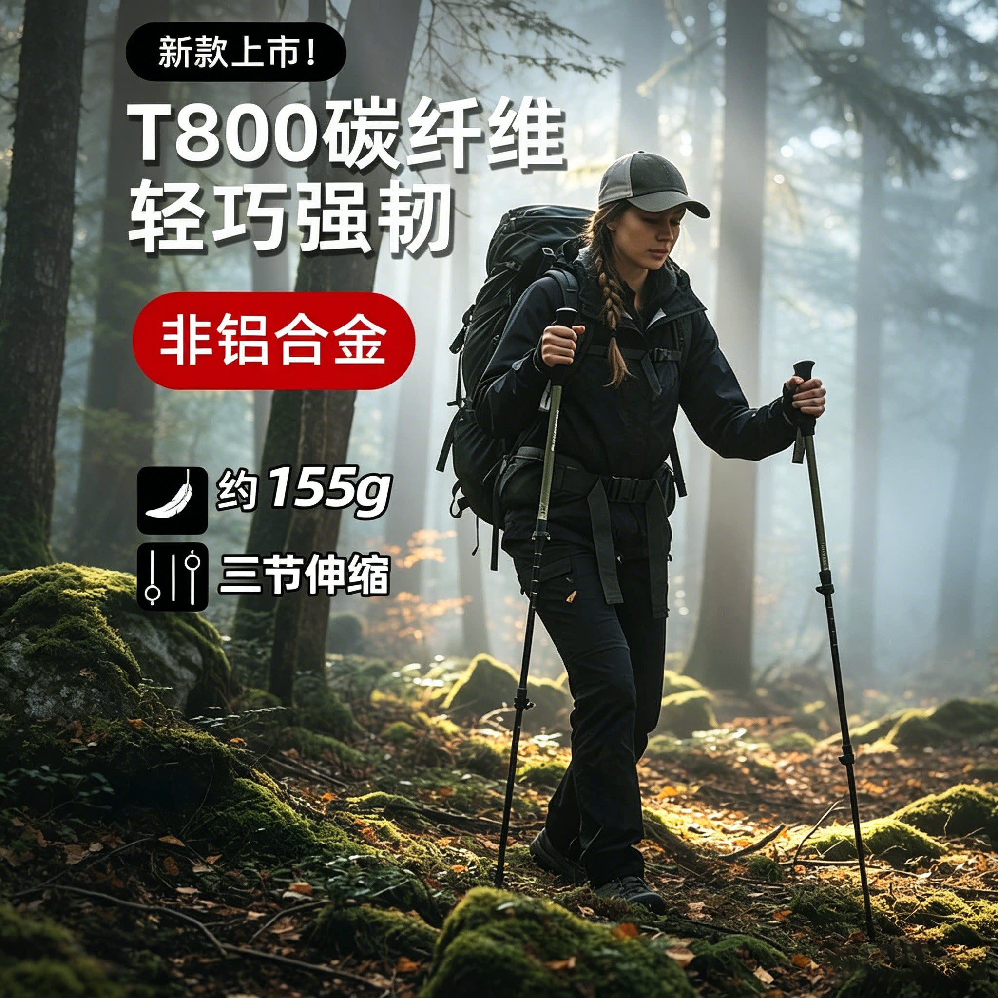 碳纤维登山杖超轻三节伸缩男女专业户外便携爬山装备防滑徒步手杖
