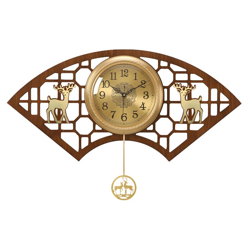 钟表挂钟客厅家用时尚新中式实木大气F黄铜静音电波时钟挂墙扇形