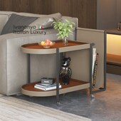 意式 客厅沙发边几可移动侧边桌现代轻奢小茶几高级感马鞍皮小推车
