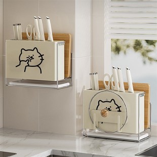 可爱猫咪不锈钢刀架锅盖架一体新款厨房多功能筷笼沥水刀具收纳架