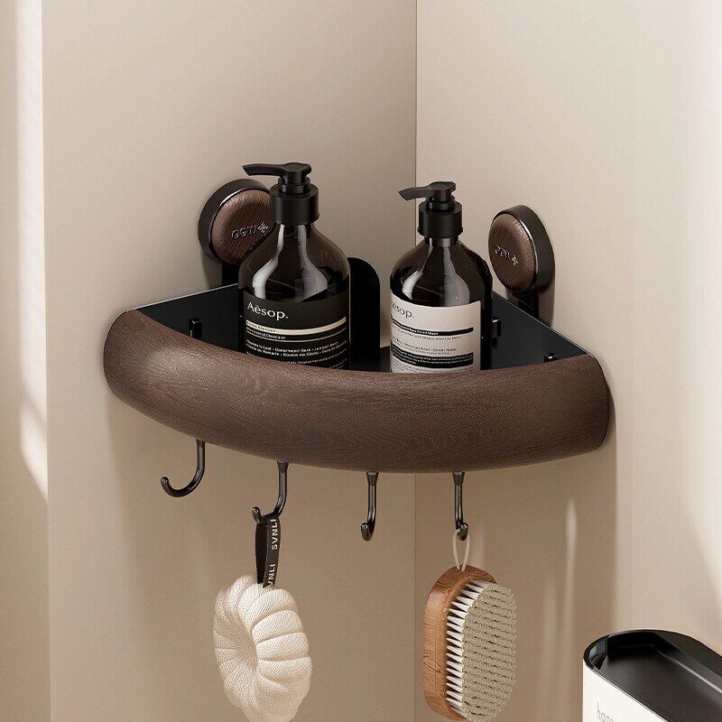 MOMO中古风置物架免打孔三角转角吸盘壁挂式木纹沐浴收纳架PH