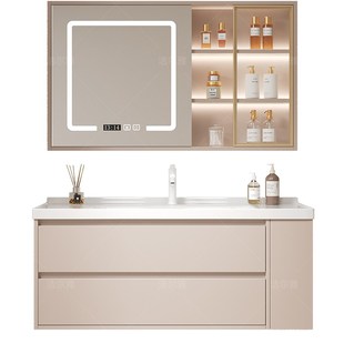 陶瓷一体盆新款实木奶油风浴室组合柜侧边收纳小户型化妆室洗漱台