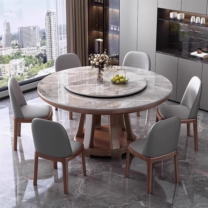 高端岩板餐桌椅组合现代简约x家用小户型圆形实木大圆桌带转盘饭
