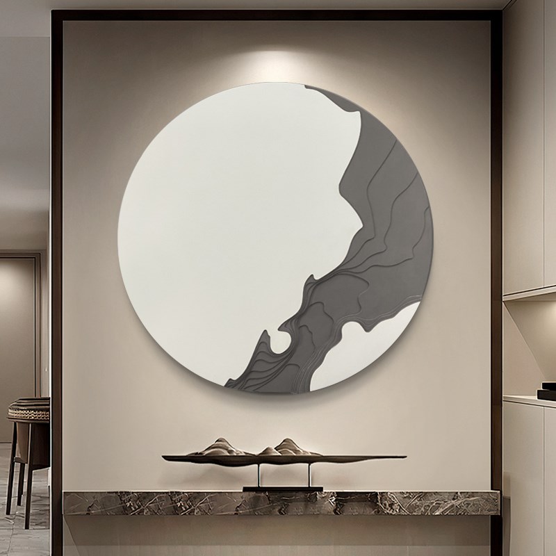 侘寂风手绘玄关装饰画高级感v砂岩壁画客厅餐厅圆形沙发背景墙挂图片