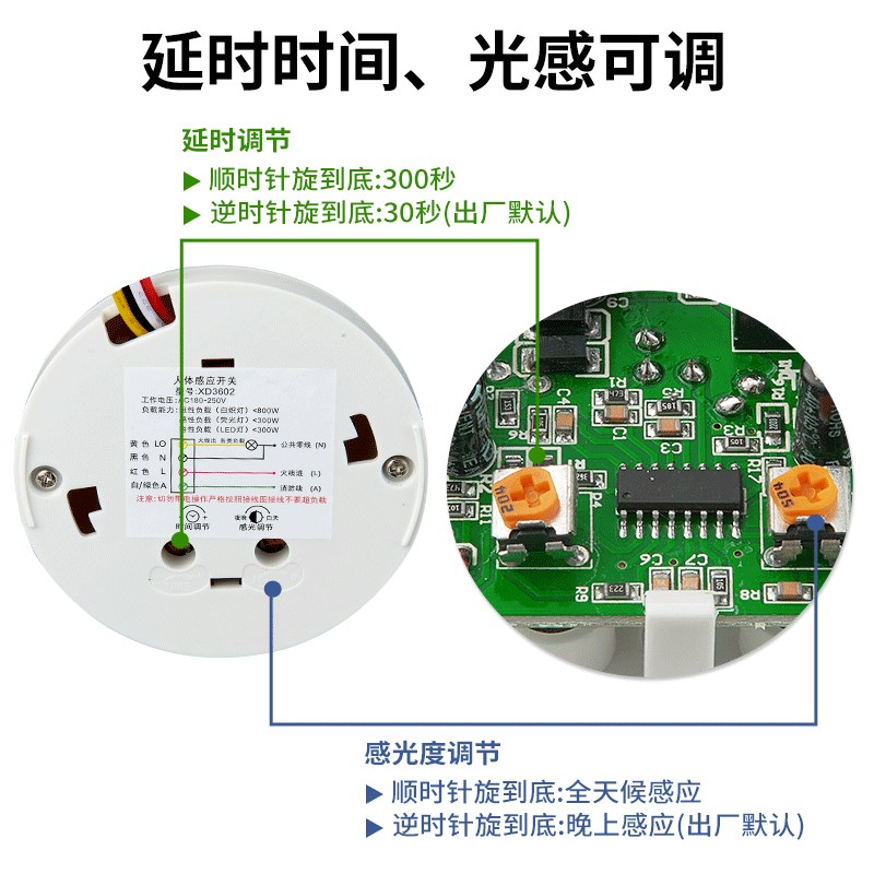感应开关人体红外线家用楼道220V大功率延时光控吸顶式明装感应器