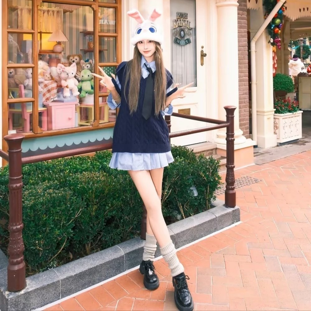 迪士尼穿搭毛衣服朱迪兔子警官百褶裙套装成人秋冬季圣诞节学院风