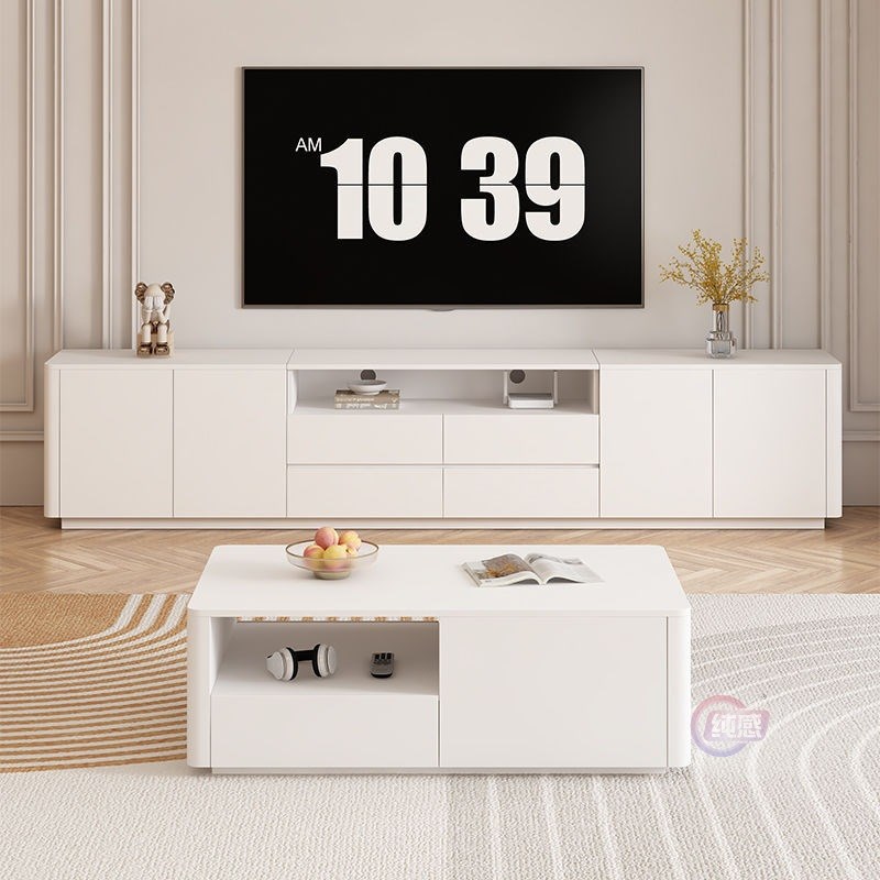 简约现代实木落地式电视机柜客厅柜奶G油风白色茶几电视柜组合一