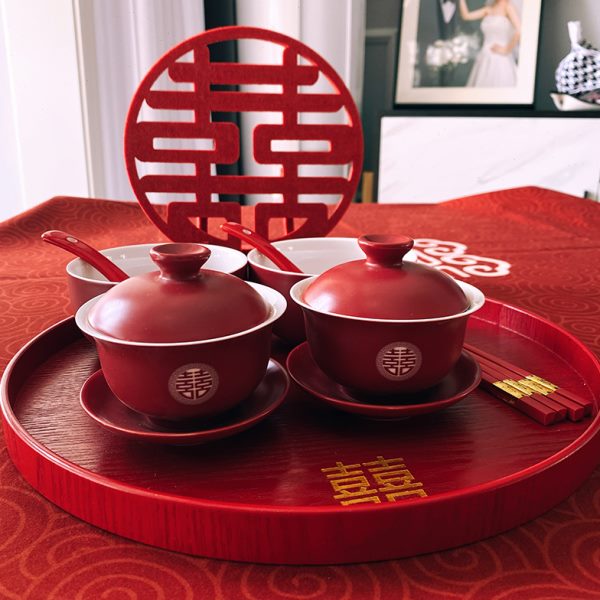 盖碗红色碗筷套装喜碗喜结婚庆敬茶杯礼盒装喜杯口茶碗改陶瓷茶具
