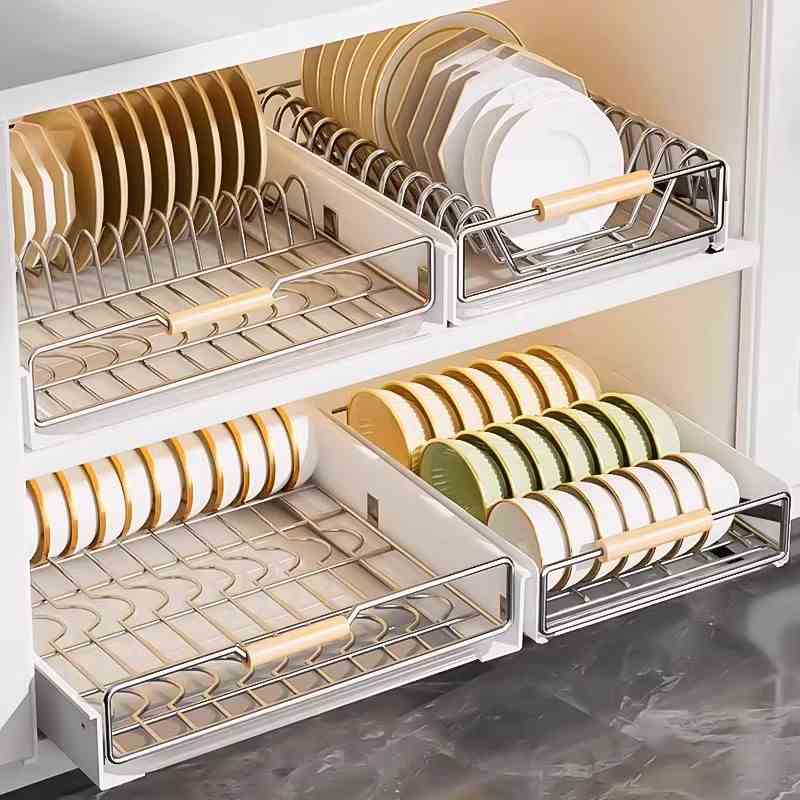 不锈钢碗碟收纳架厨房橱柜内置物架抽屉式拉篮抽拉放盘子沥水碗架