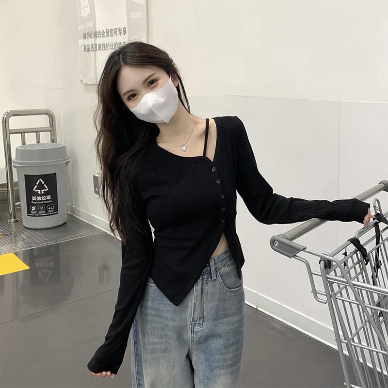 立旭黑色针织开衫女薄款春秋季设计感小众内搭修身长袖不规则辣妹