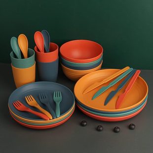 便携防摔秸秆小麦碗餐具套装 厂盘刀叉勺杯欧美套装 亚马逊x礼品家