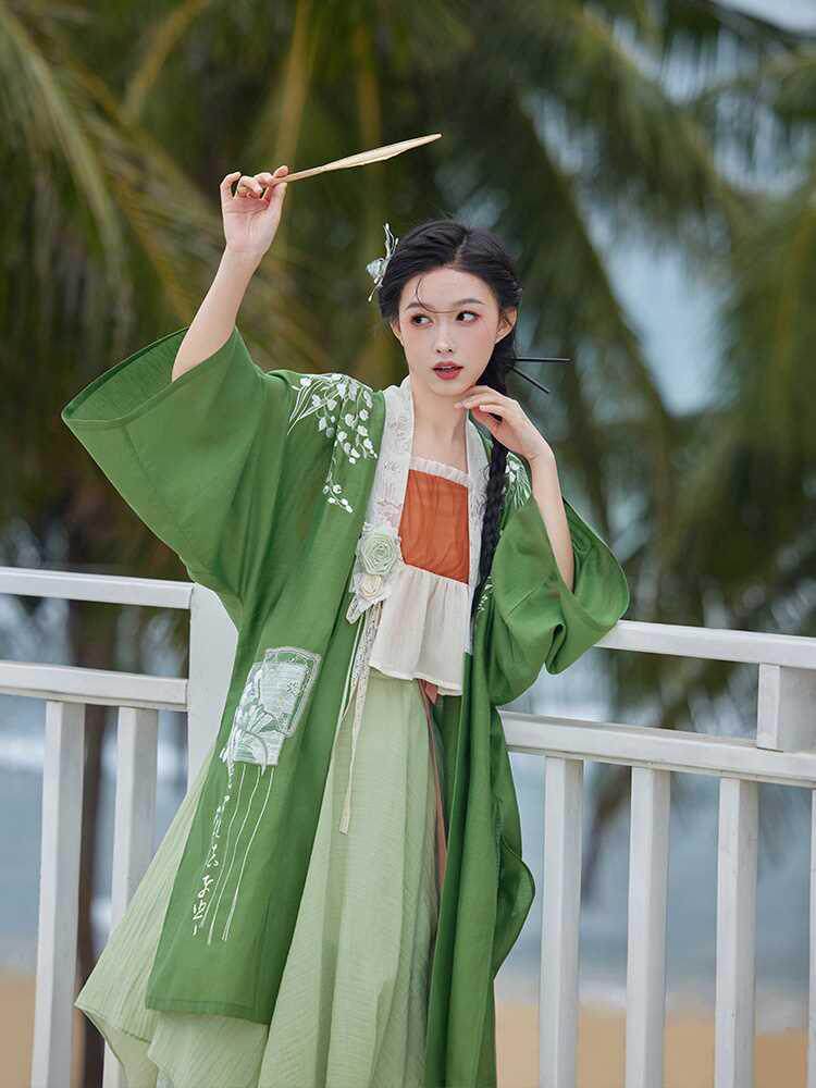 JULY EVE 오리지널 HANFU 벨 바람 서스펜더 자수 더블 브레스트 롱 셔츠 니트 블라우스 허리 길이 스커트 데일리용