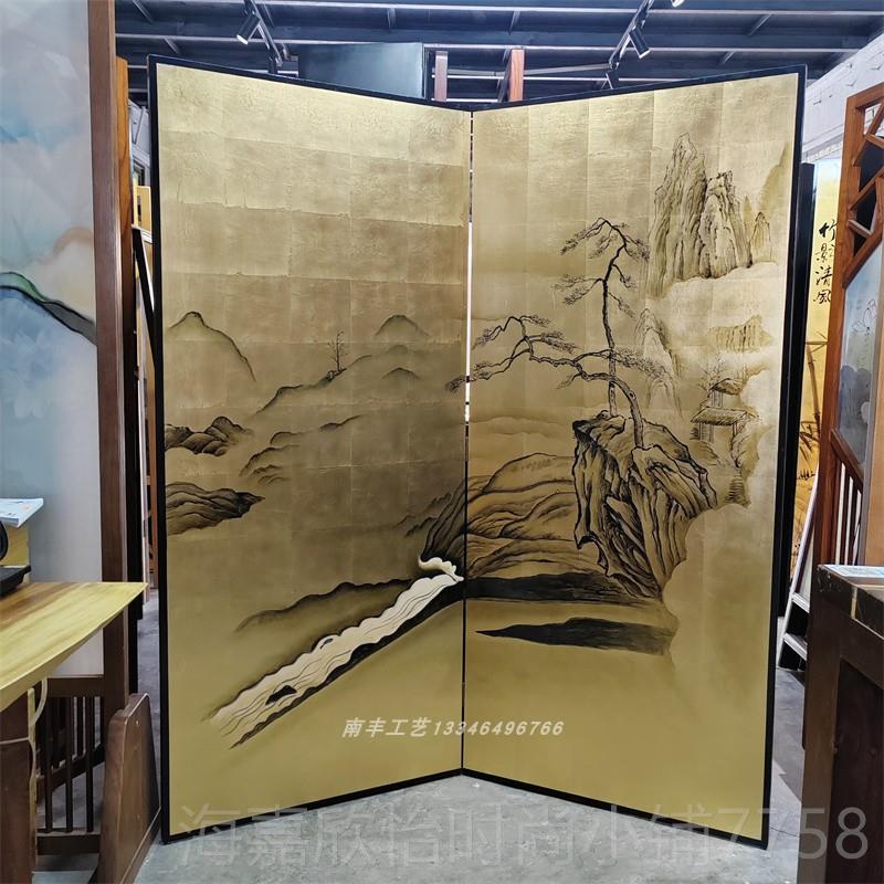 正品式复古手绘漆画箔山水屏风隔金客厅折叠茶室遮挡断酒店装饰背图片