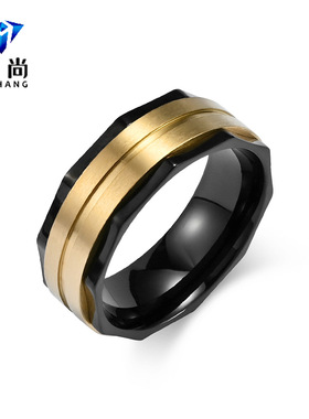 2025热销时尚男士八角形8mm拉丝不锈钢哑光戒指宽边潮流装饰品