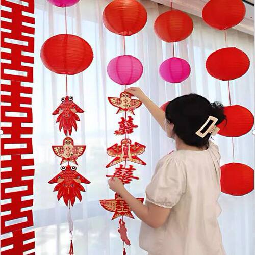 结婚灯笼挂饰婚房布置婚礼喜字卡通挂件新房客厅卧室窗帘拉花装饰