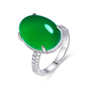 AILEQ925银天然镶嵌玉髓满绿简约蛋面戒指新中式 女S1 风百搭经典