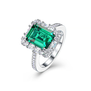 AILEQ 925银戒指配饰合成宝石方切绿日常气质百搭戒指祖母绿色女