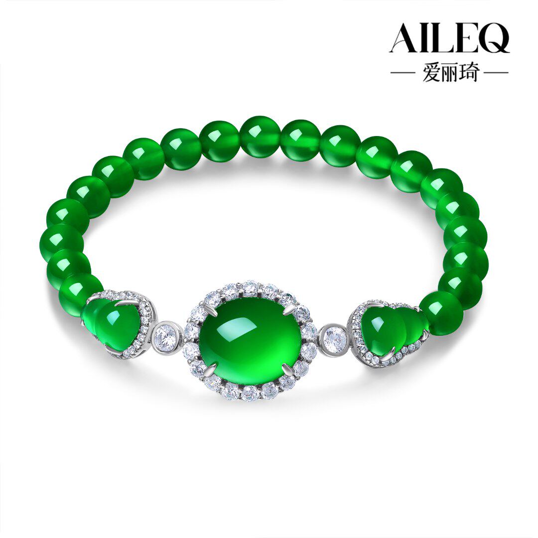 AILEQ925银镶天然玉髓满绿蛋面葫芦双至手链手串珠宝饰品首饰直播