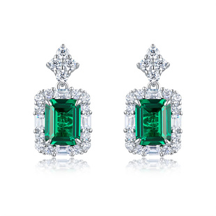 AILEQ S925纯银耳饰高碳钻方切人工绿宝石锆石简约大气耳钉耳饰坠