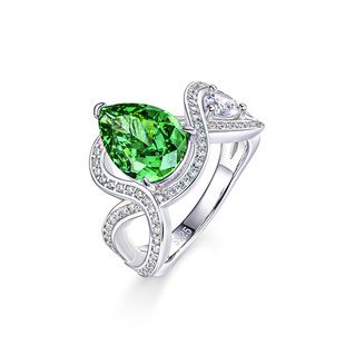 AILEQ新款 女戒 镶高碳钻水滴人工绿宝石设计师戒指精致简约小众款