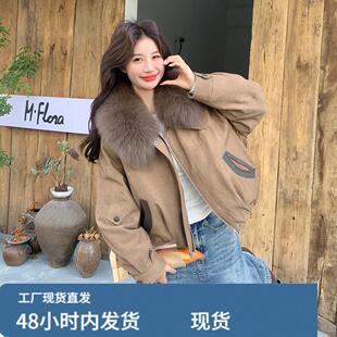 咖色大毛领短款派克羽绒服女冬超火好看高级小众加绒加厚工装外套