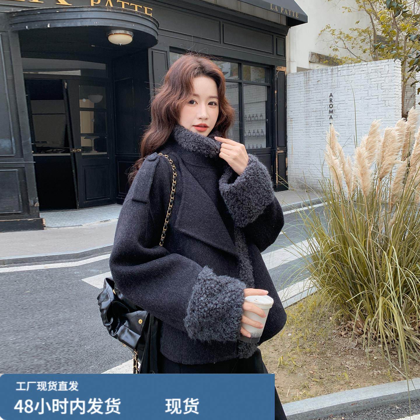 深灰色复古拼接羊羔毛外套2025新款女冬皮毛一体毛呢韩系短款大衣,运动/瑜伽/健身/球迷用品,广场舞套装,淘宝优惠券,粉丝福利购,淘宝优惠卷