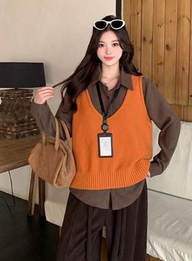 V领橘橙色针织毛衣马甲女2025新款冬季大码胖mm内搭叠穿背心上衣
