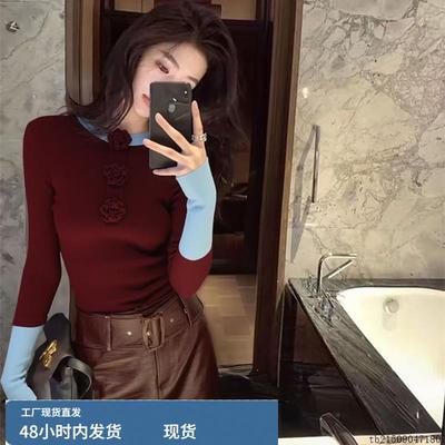 超火减龄独特超好看单穿上衣小众不撞款韩系红蓝撞色针织衫女秋季