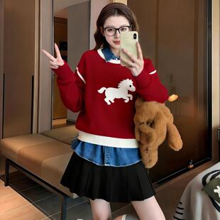 红色白马毛衣女款2026新款冬季巨好看的冬装内搭过年新年穿搭上衣