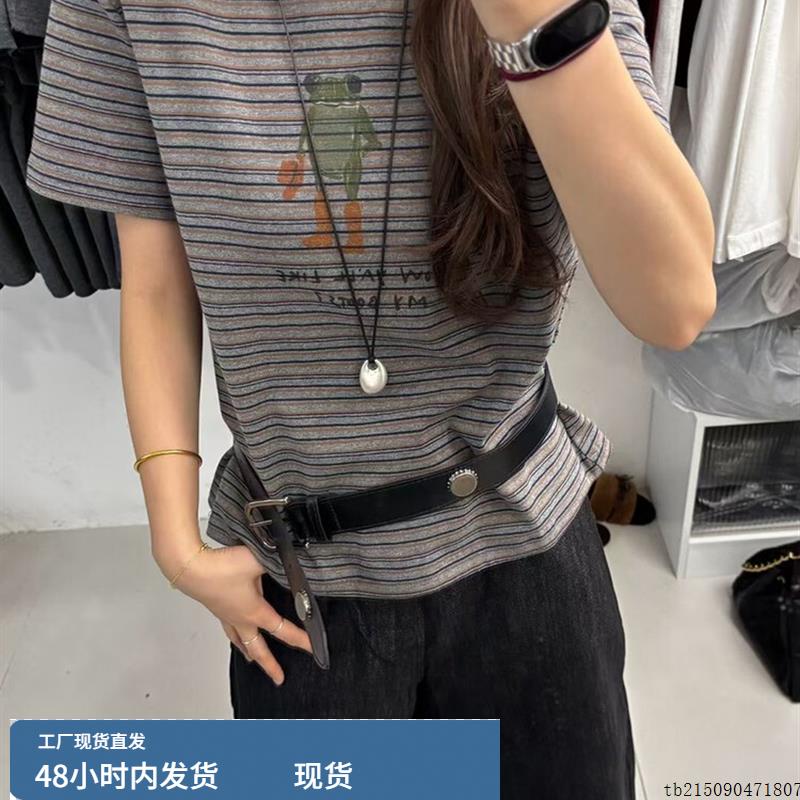 2025秋季新款韩版时尚百搭条纹印花圆领短袖T恤女宽松休闲上衣