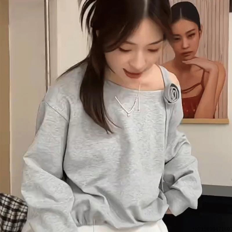 美式斜肩立体花朵长袖卫衣女2025新款春秋季修身显瘦打底灰色上衣
