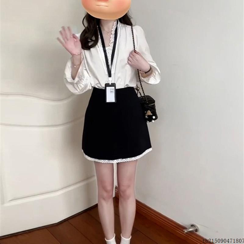 韩系早秋穿搭法式蕾丝拼接白衬衫女2025温柔风蕾丝半身短裙两件套