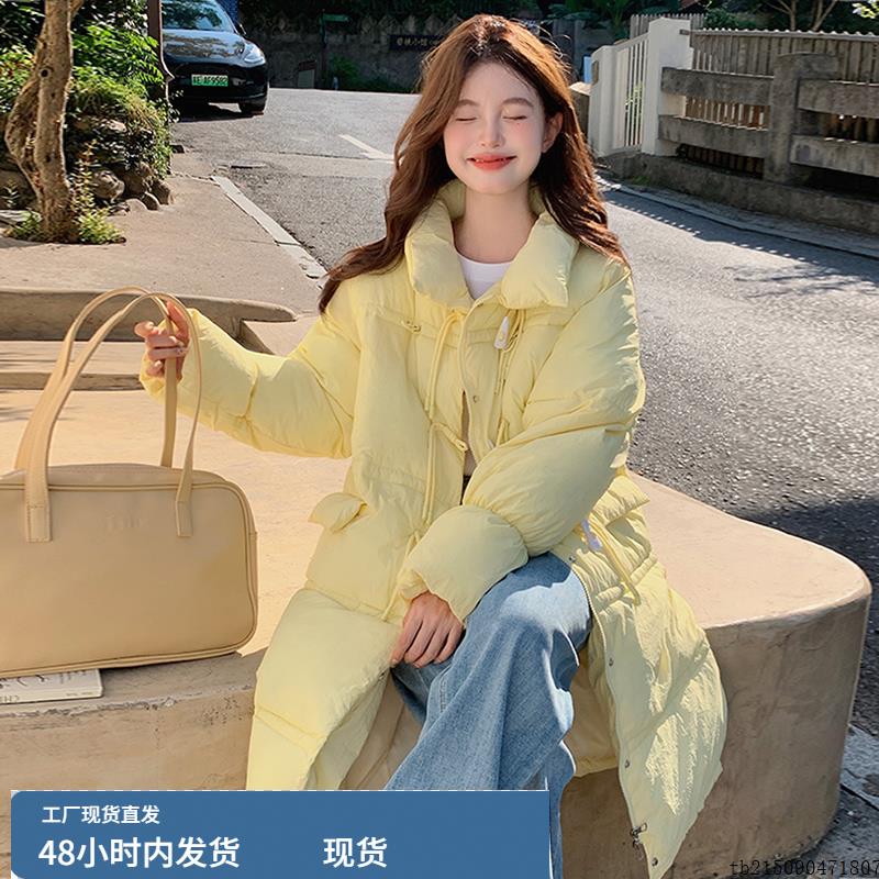 鹅黄色温柔风牛角扣羽绒棉服女冬季中长款过膝设计感加厚棉衣外套