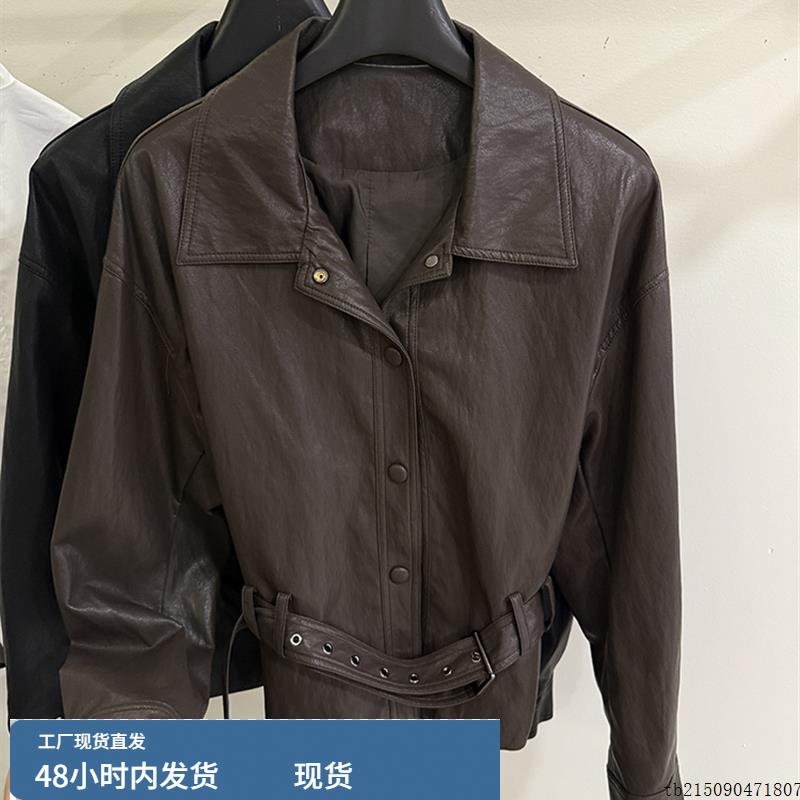 2025秋季新款韩版时尚百搭翻领单排扣长袖皮衣外套女短款夹克上衣