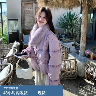 新中式狐狸毛领木耳边拼接羽绒服女2025冬季轻奢温柔风白鸭绒外套