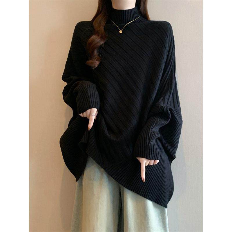 黑色半高领针织衫毛衣女2025秋冬大码胖mm中长款遮屁股蝙蝠袖上衣