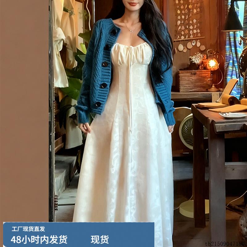 韩系复古麻花设计长袖针织毛衣春秋新款温柔风叠穿蓝色小外套女装