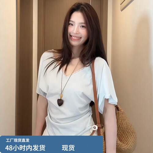 大码胖妹妹温柔风V领蕾丝花边抽绳短袖女夏季新款高知miu系上衣潮