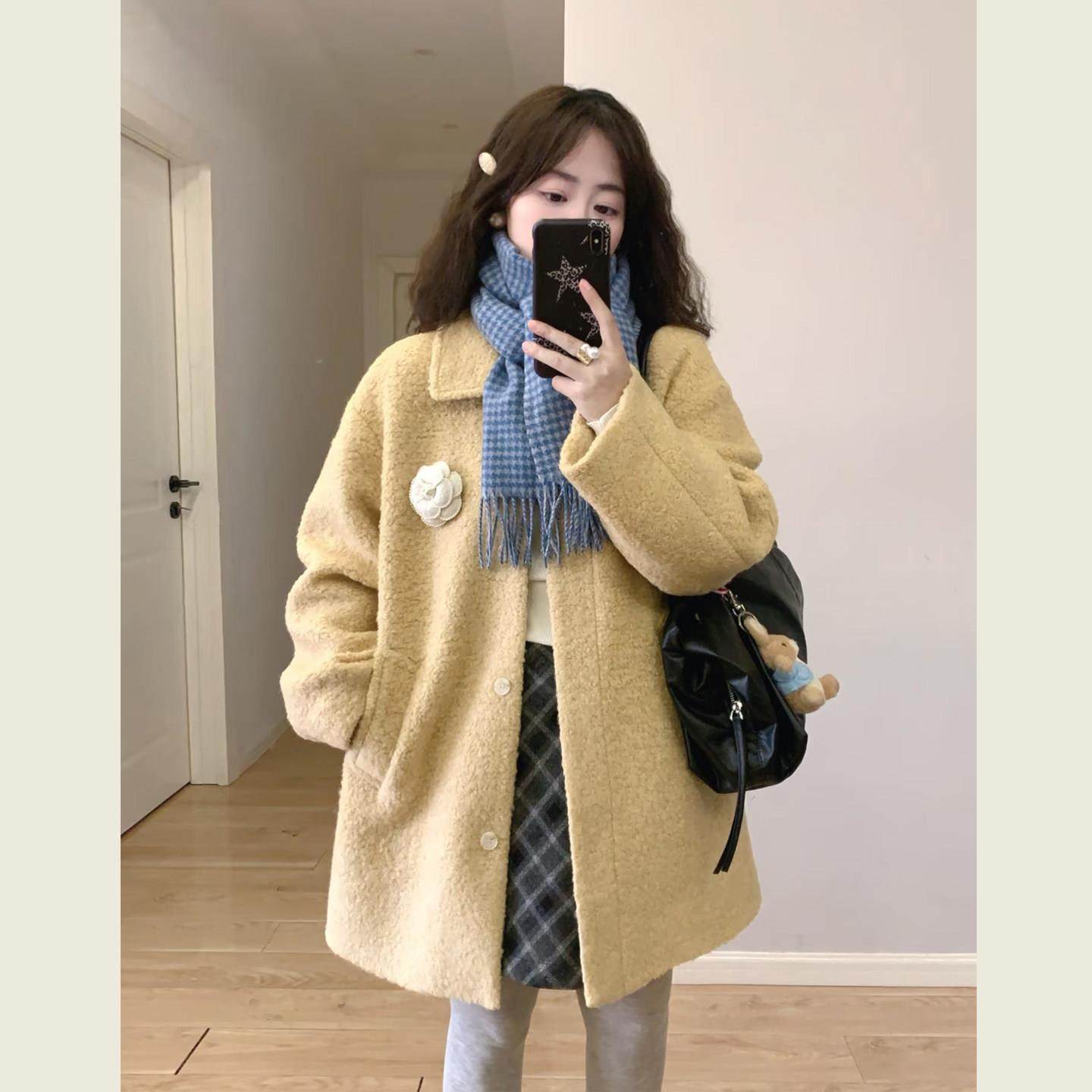 温柔风黄色翻领宽松减龄呢子大衣女冬季小个子中长款圈圈毛呢外套,运动/瑜伽/健身/球迷用品,广场舞套装,淘宝优惠券,粉丝福利购,淘宝优惠卷